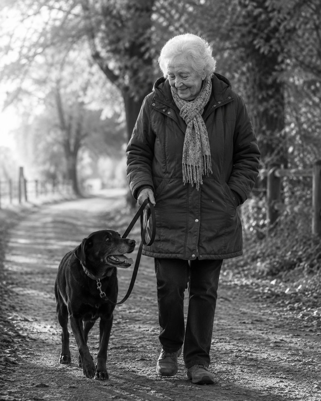 Ältere Frau geht mit ihrem Hund einen Weg entlang